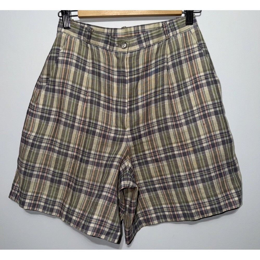 Vintage Brooks Brothers Women's Linen Shorts Size 6 Plaid Pleated Culottes